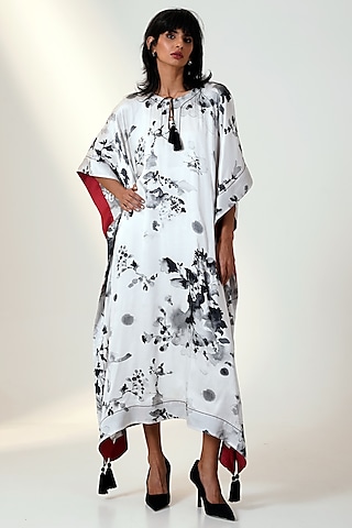 White Modal Satin & Chanderi Silk Printed Kaftan by MADDER MUCH