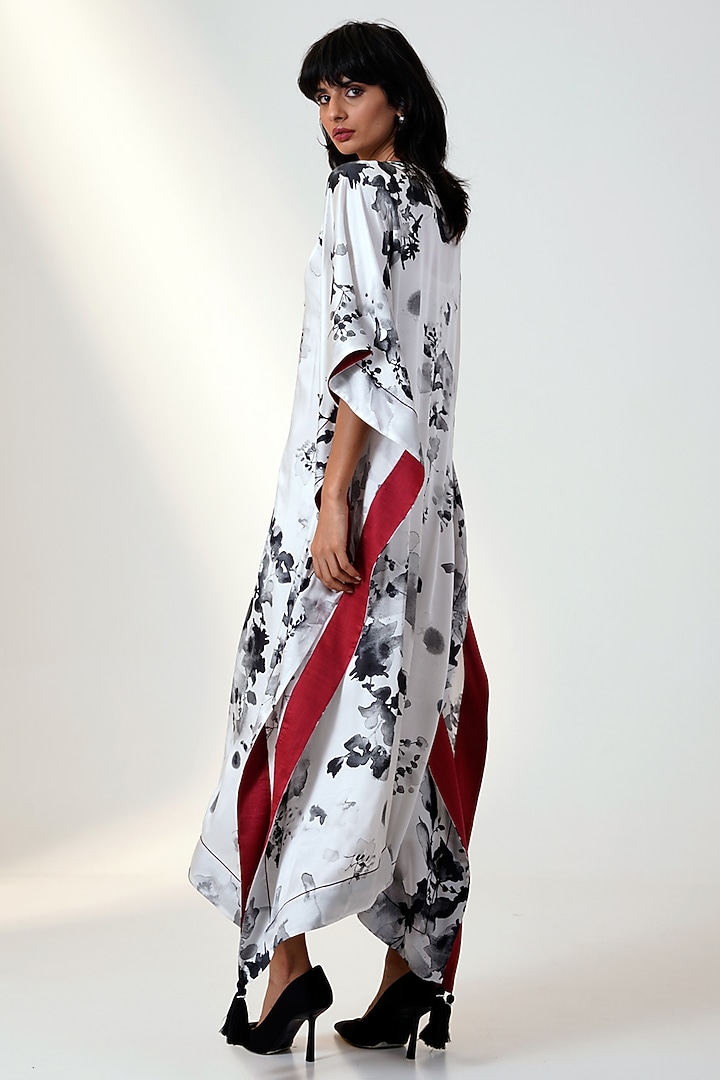 White Modal Satin & Chanderi Silk Printed Kaftan by MADDER MUCH at Pernia's Pop Up Shop