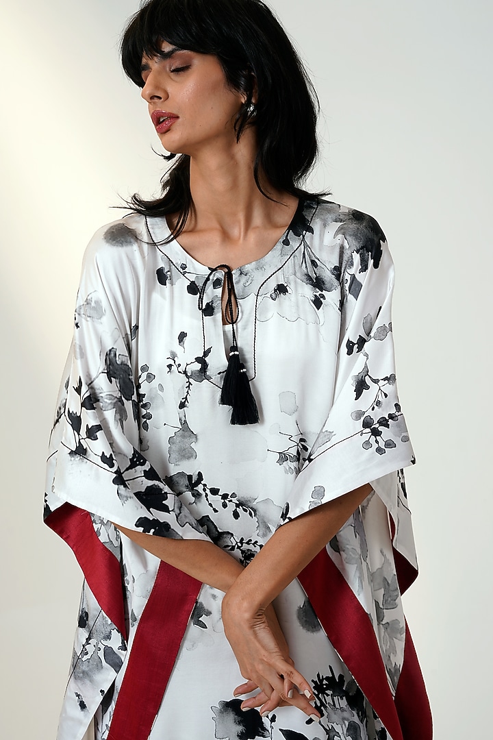 White Modal Satin & Chanderi Silk Printed Kaftan by MADDER MUCH at Pernia's Pop Up Shop