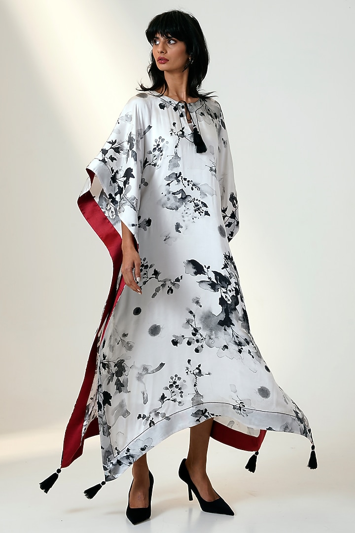White Modal Satin & Chanderi Silk Printed Kaftan by MADDER MUCH at Pernia's Pop Up Shop