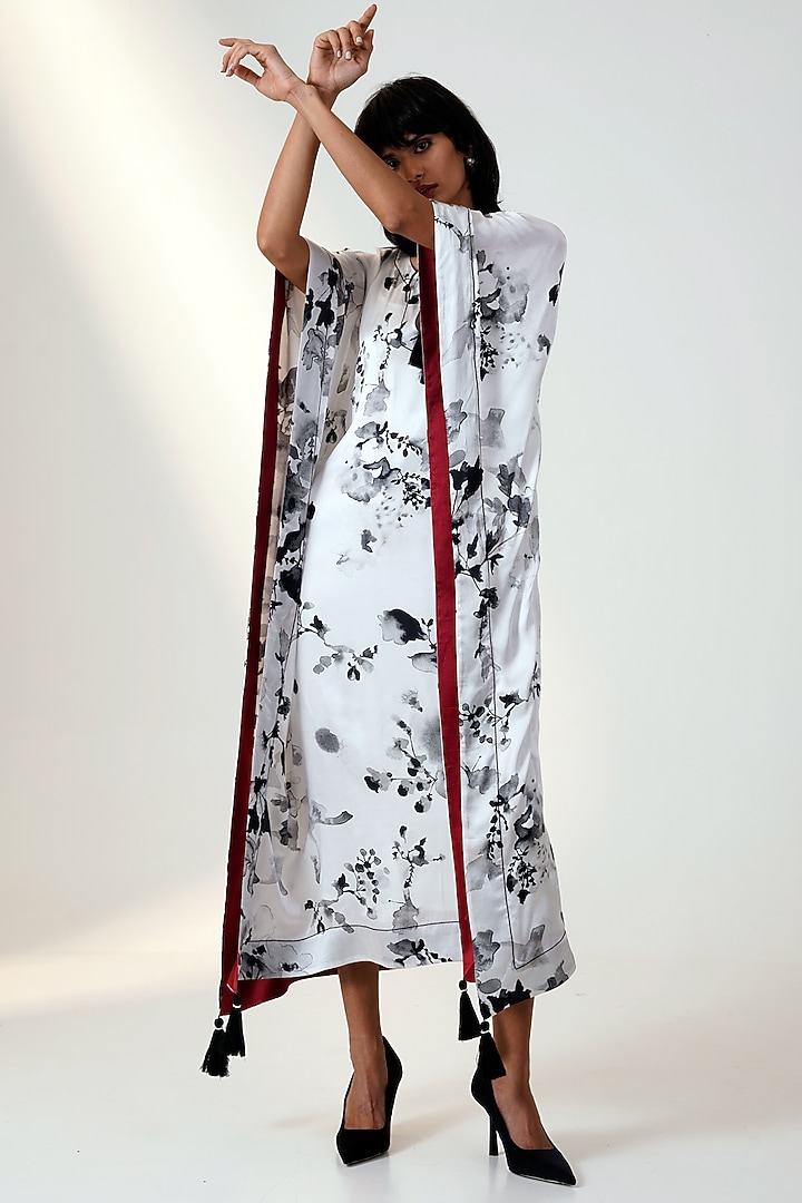 White Modal Satin & Chanderi Silk Printed Kaftan by MADDER MUCH at Pernia's Pop Up Shop