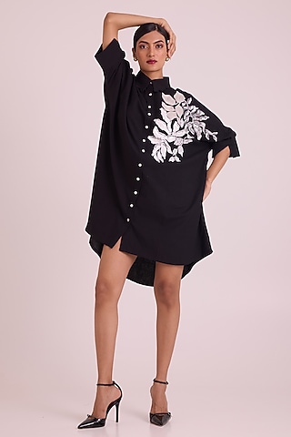 Black & White Cotton Embroidered Shirt Dress by MADDER MUCH