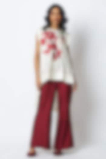 Ivory & Deep Wine Linen Satin Embroidered Co-Ord Set by MADDER MUCH at Pernia's Pop Up Shop