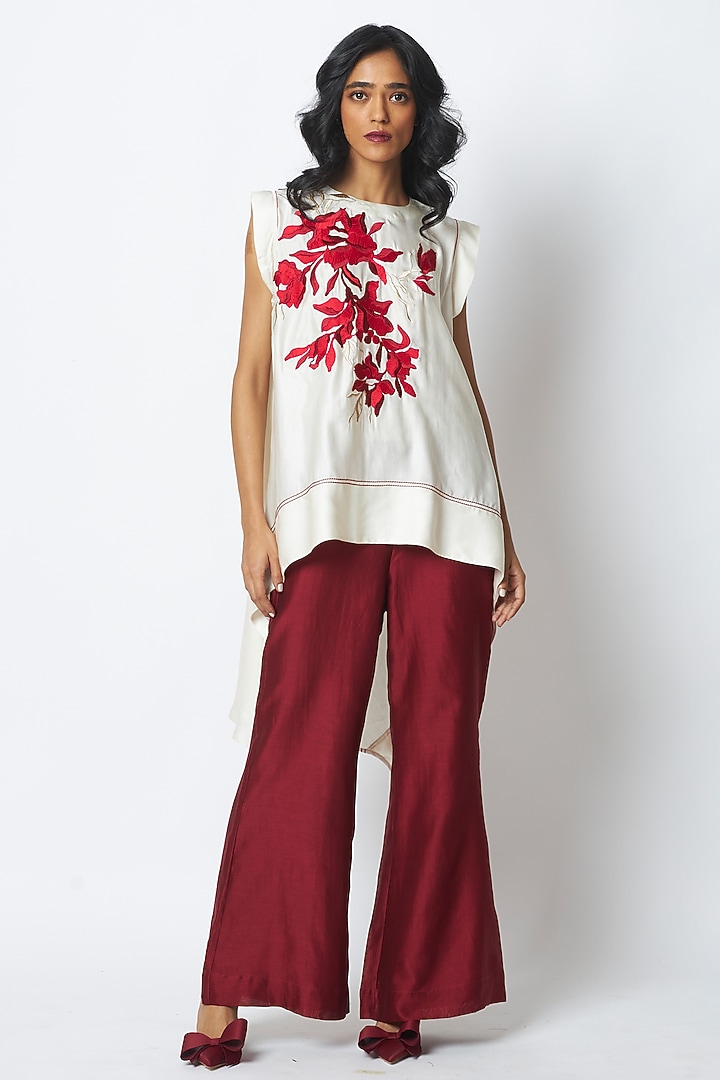 Ivory & Deep Wine Linen Satin Embroidered Co-Ord Set by MADDER MUCH at Pernia's Pop Up Shop