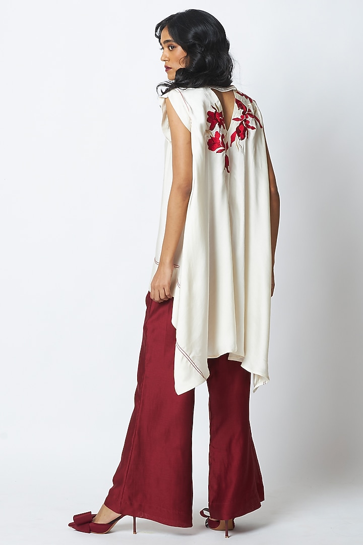 Ivory & Deep Wine Linen Satin Embroidered Co-Ord Set by MADDER MUCH at Pernia's Pop Up Shop