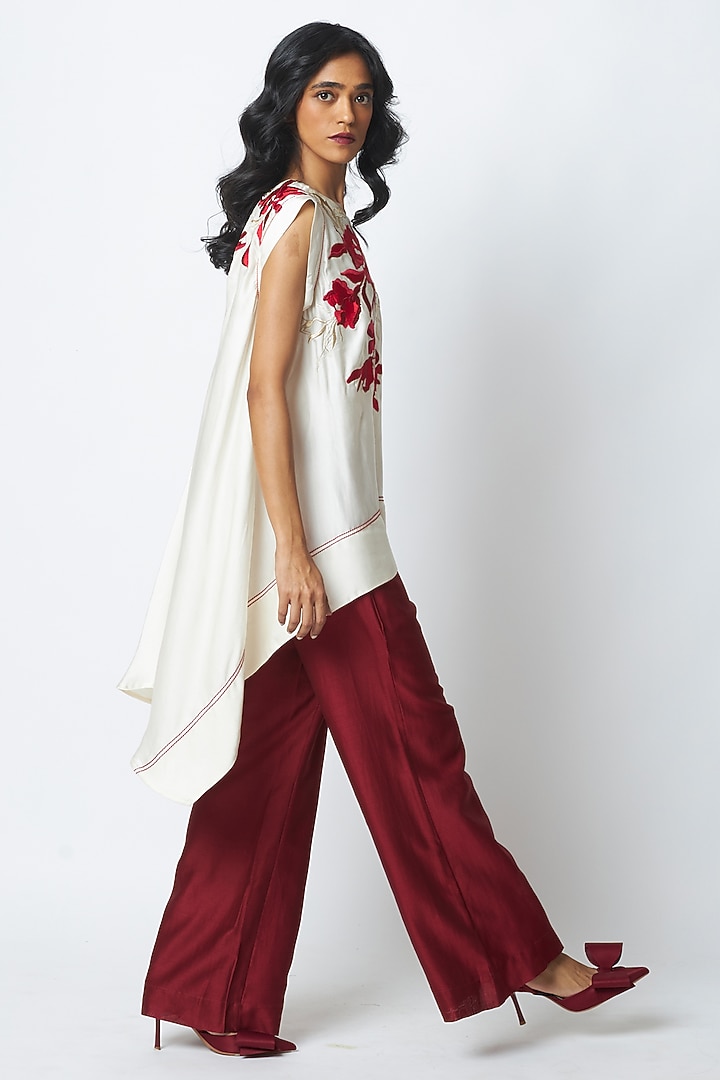 Ivory & Deep Wine Linen Satin Embroidered Co-Ord Set by MADDER MUCH at Pernia's Pop Up Shop