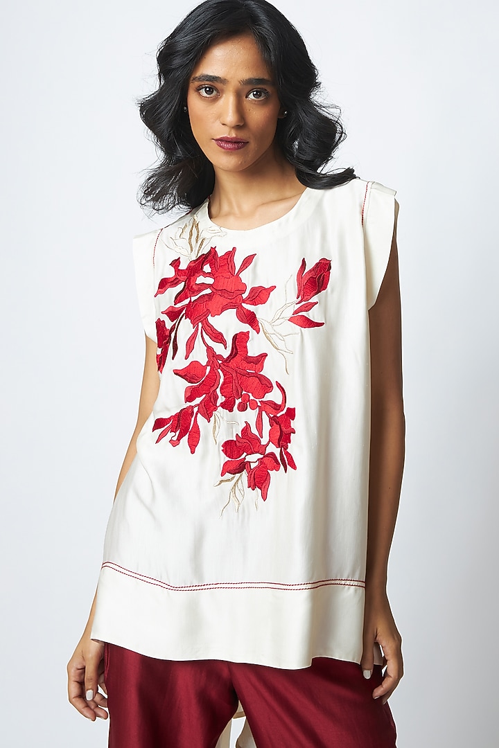 Ivory & Deep Wine Linen Satin Embroidered Co-Ord Set by MADDER MUCH at Pernia's Pop Up Shop
