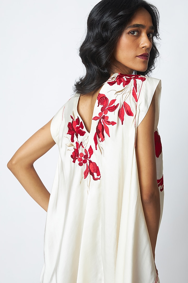 Ivory & Deep Wine Linen Satin Embroidered Co-Ord Set by MADDER MUCH at Pernia's Pop Up Shop