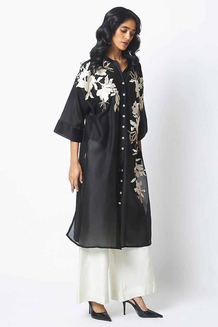 Black Chanderi Silk Embroidered Tunic Set by MADDER MUCH at Pernia's Pop Up Shop