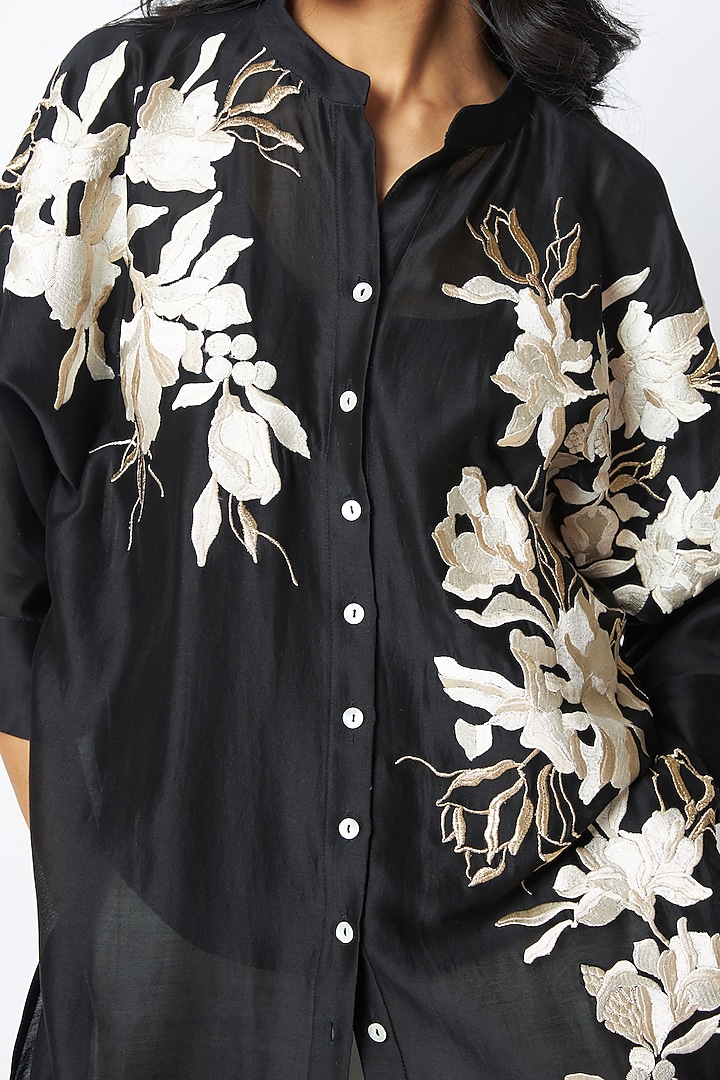 Black Chanderi Silk Embroidered Tunic Set by MADDER MUCH at Pernia's Pop Up Shop