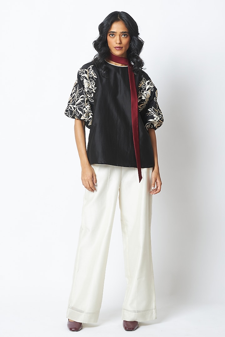 Black & Ivory Chanderi Silk Embroidered Co-Ord Set by MADDER MUCH at Pernia's Pop Up Shop