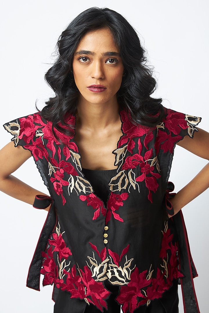 Black Handloom Chanderi Embroidered Co-Ord Set by MADDER MUCH at Pernia's Pop Up Shop