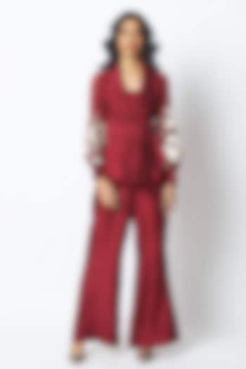 Red Chanderi Silk Blazer Set by MADDER MUCH at Pernia's Pop Up Shop