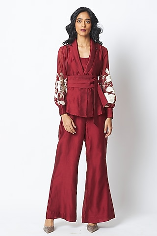 Red Chanderi Silk Blazer Set by MADDER MUCH