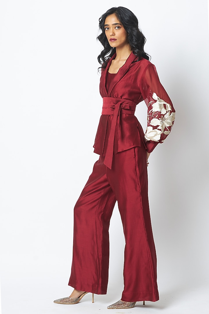 Red Chanderi Silk Blazer Set by MADDER MUCH at Pernia's Pop Up Shop
