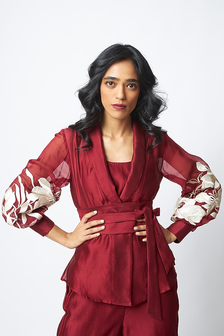 Red Chanderi Silk Blazer Set by MADDER MUCH at Pernia's Pop Up Shop