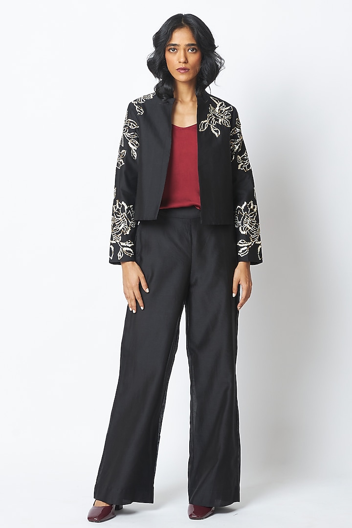 Black Handloom Chanderi Silk Pant Set by MADDER MUCH at Pernia's Pop Up Shop