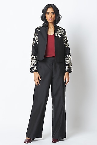 Black Handloom Chanderi Silk Pant Set by MADDER MUCH