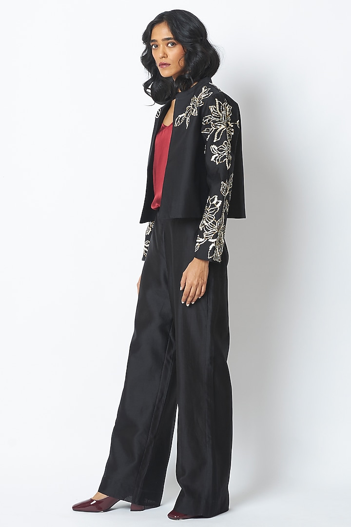 Black Handloom Chanderi Silk Pant Set by MADDER MUCH at Pernia's Pop Up Shop