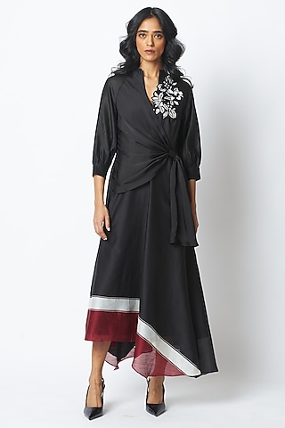 Black Handloom Chanderi Silk Embroidered Dress by MADDER MUCH