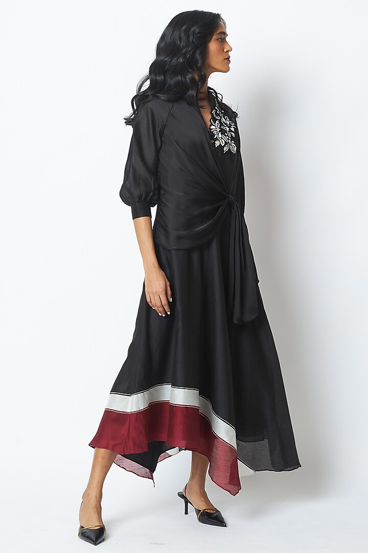 Black Handloom Chanderi Silk Embroidered Vacation Dress by MADDER MUCH at Pernia's Pop Up Shop