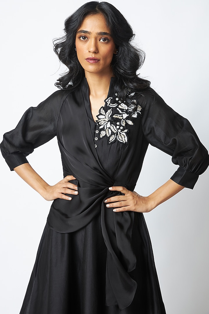 Black Handloom Chanderi Silk Embroidered Vacation Dress by MADDER MUCH at Pernia's Pop Up Shop