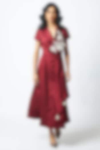 Burgundy Bemberg Cotton Satin Embroidered Vacation Dress by MADDER MUCH at Pernia's Pop Up Shop