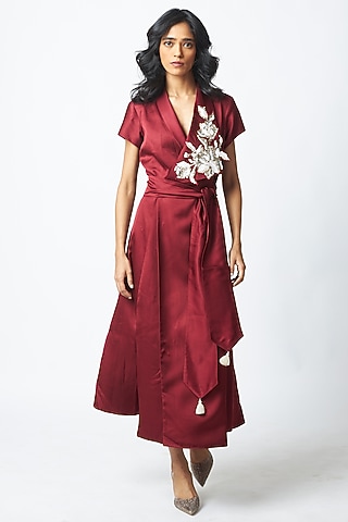 Burgundy Bemberg Cotton Satin Embroidered Dress by MADDER MUCH