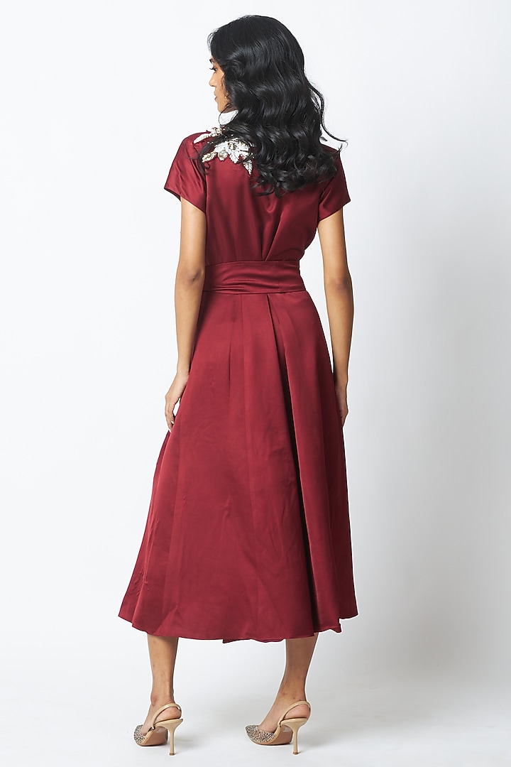 Burgundy Bemberg Cotton Satin Embroidered Vacation Dress by MADDER MUCH at Pernia's Pop Up Shop