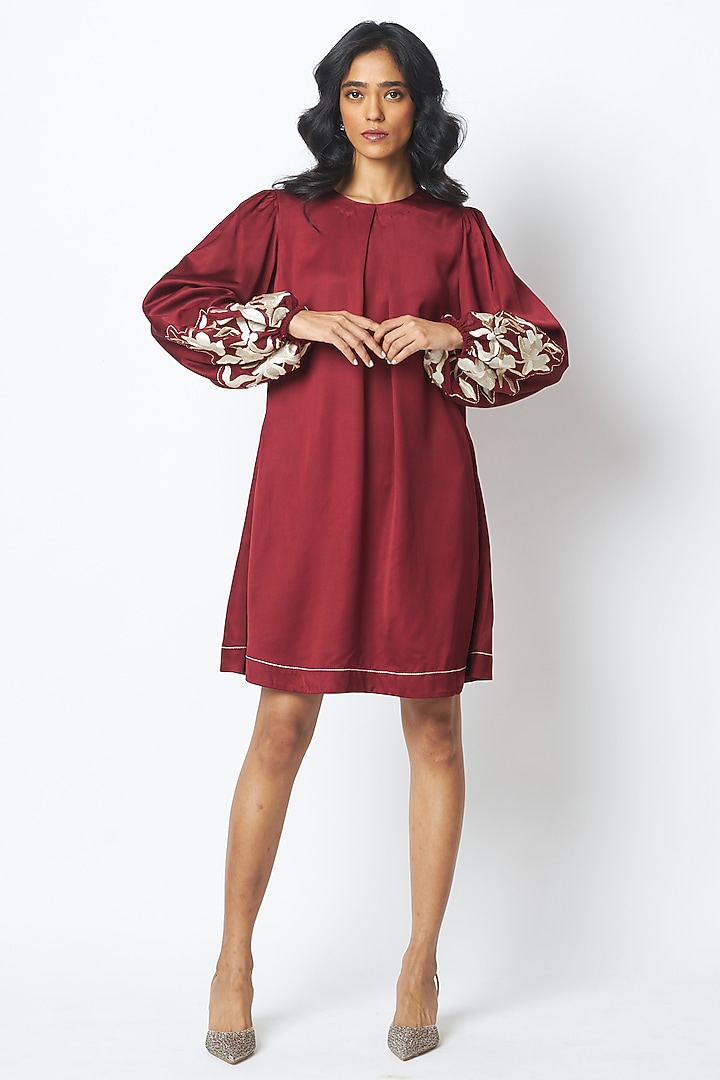 Burgundy Bemberg Cotton Satin Embroidered Vacation Dress by MADDER MUCH at Pernia's Pop Up Shop