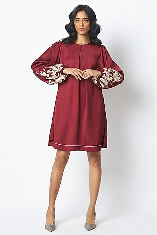 Burgundy Bemberg Cotton Satin Embroidered Dress by MADDER MUCH