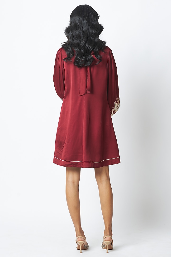 Burgundy Bemberg Cotton Satin Embroidered Vacation Dress by MADDER MUCH at Pernia's Pop Up Shop