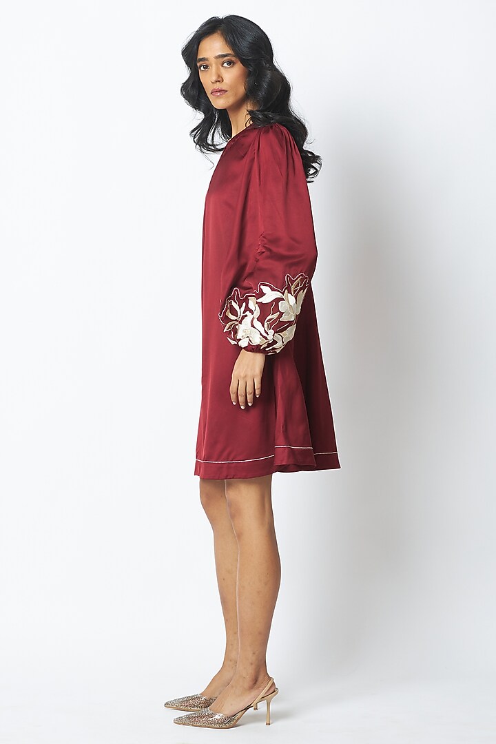 Burgundy Bemberg Cotton Satin Embroidered Vacation Dress by MADDER MUCH at Pernia's Pop Up Shop