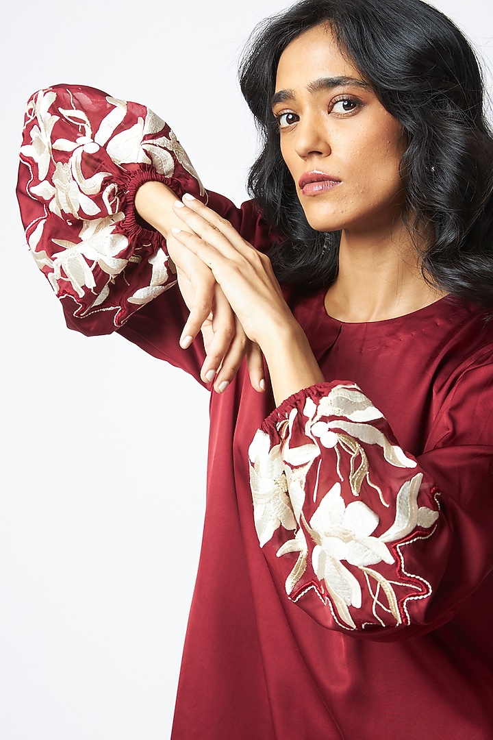 Burgundy Bemberg Cotton Satin Embroidered Vacation Dress by MADDER MUCH at Pernia's Pop Up Shop