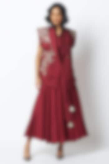 Burgundy Handloom Chanderi Silk Embroidered Jacket Cocktail Dress by MADDER MUCH at Pernia's Pop Up Shop