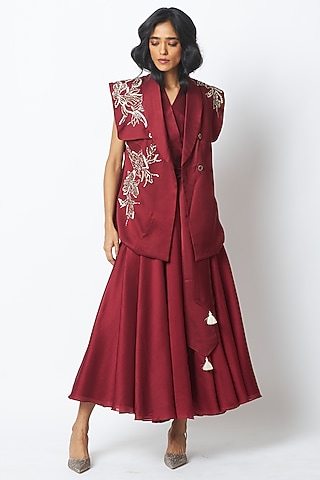 Burgundy Handloom Chanderi Silk Embroidered Jacket Dress by MADDER MUCH