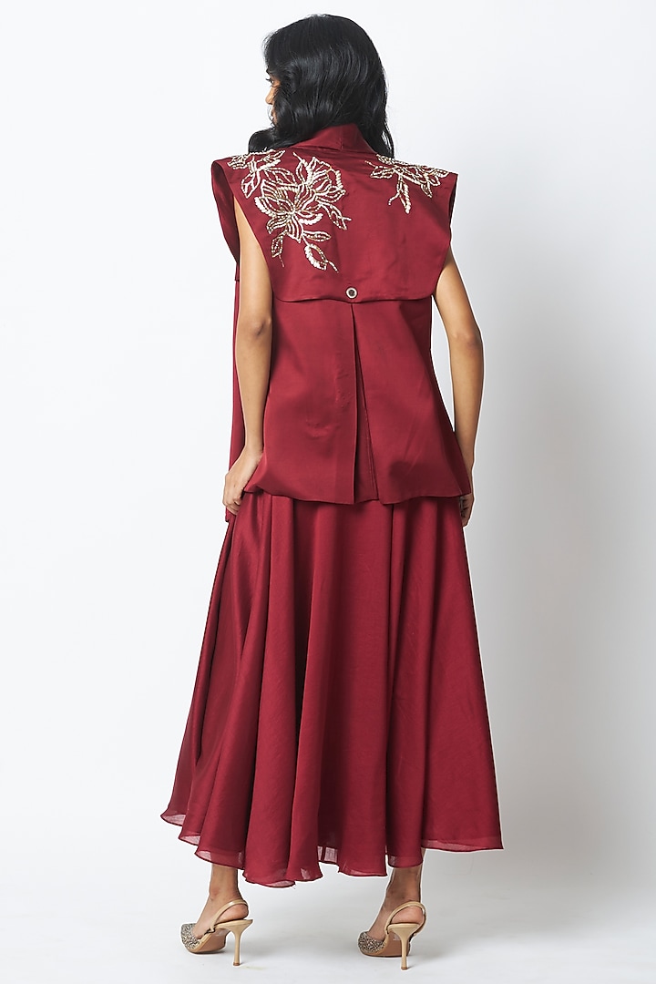 Burgundy Handloom Chanderi Silk Embroidered Jacket Cocktail Dress by MADDER MUCH at Pernia's Pop Up Shop