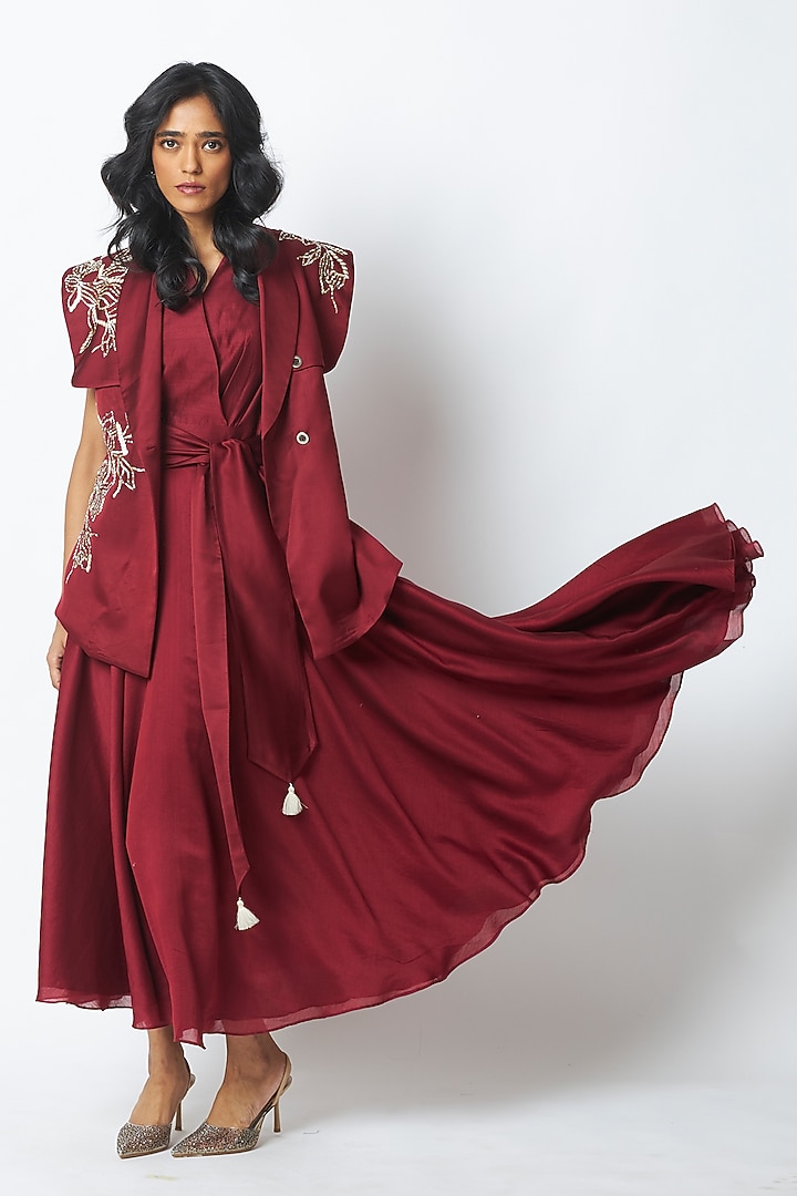 Burgundy Handloom Chanderi Silk Embroidered Jacket Cocktail Dress by MADDER MUCH at Pernia's Pop Up Shop