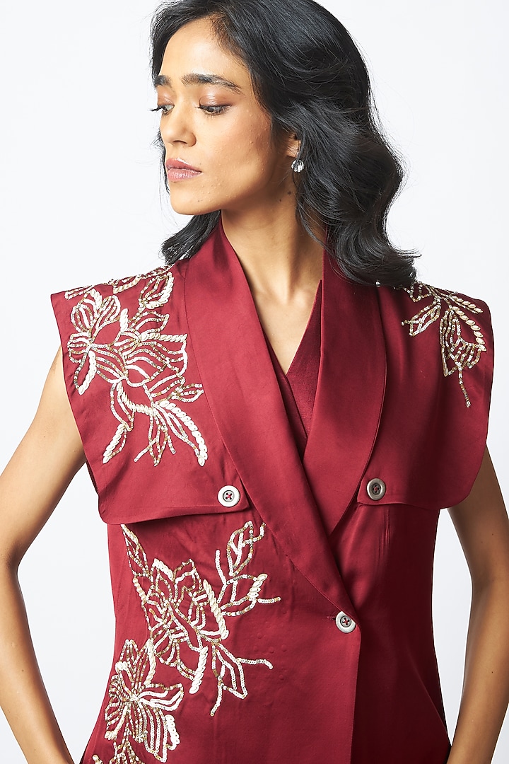 Burgundy Handloom Chanderi Silk Embroidered Jacket Cocktail Dress by MADDER MUCH at Pernia's Pop Up Shop