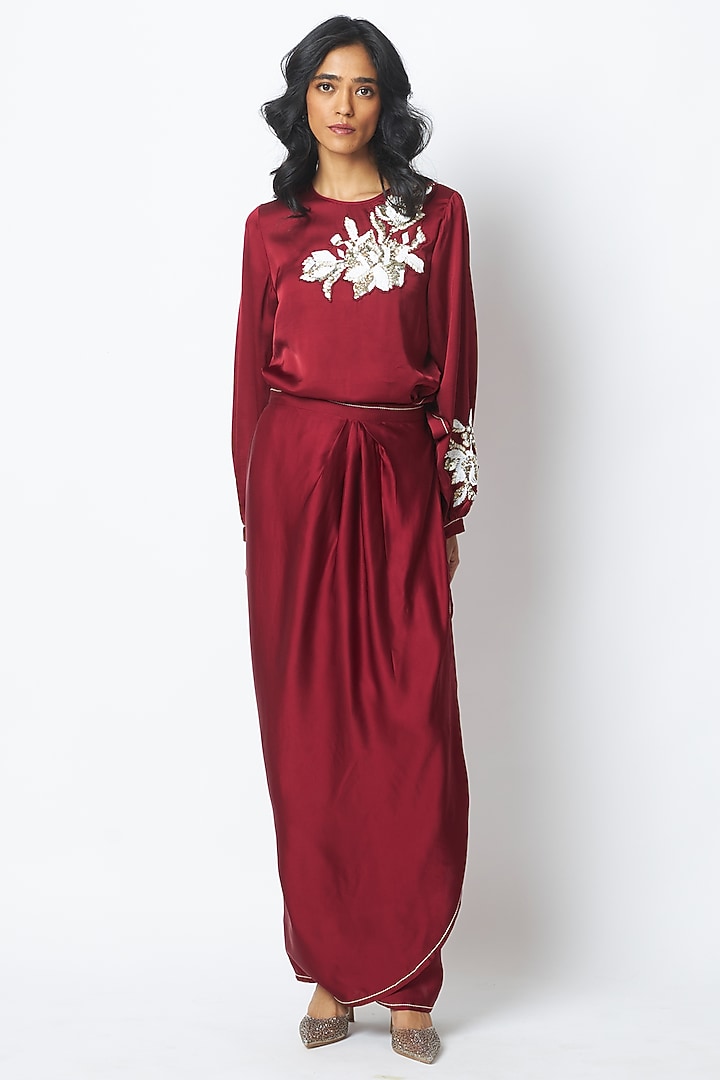 Burgundy Linen Satin Draped Skirt Set by MADDER MUCH at Pernia's Pop Up Shop