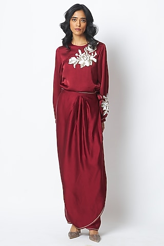 Burgundy Linen Satin Draped Skirt Set by MADDER MUCH