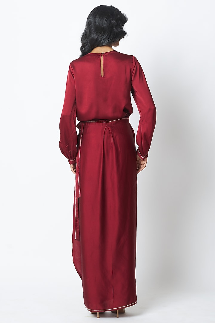 Burgundy Linen Satin Draped Skirt Set by MADDER MUCH at Pernia's Pop Up Shop