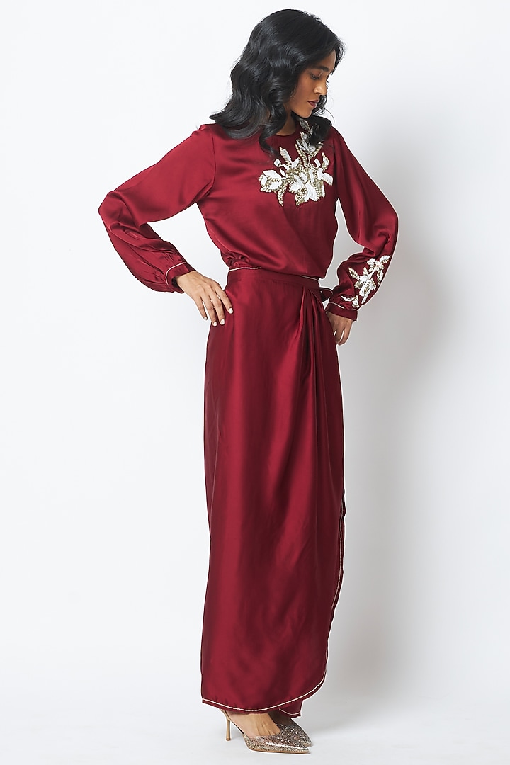Burgundy Linen Satin Draped Skirt Set by MADDER MUCH at Pernia's Pop Up Shop