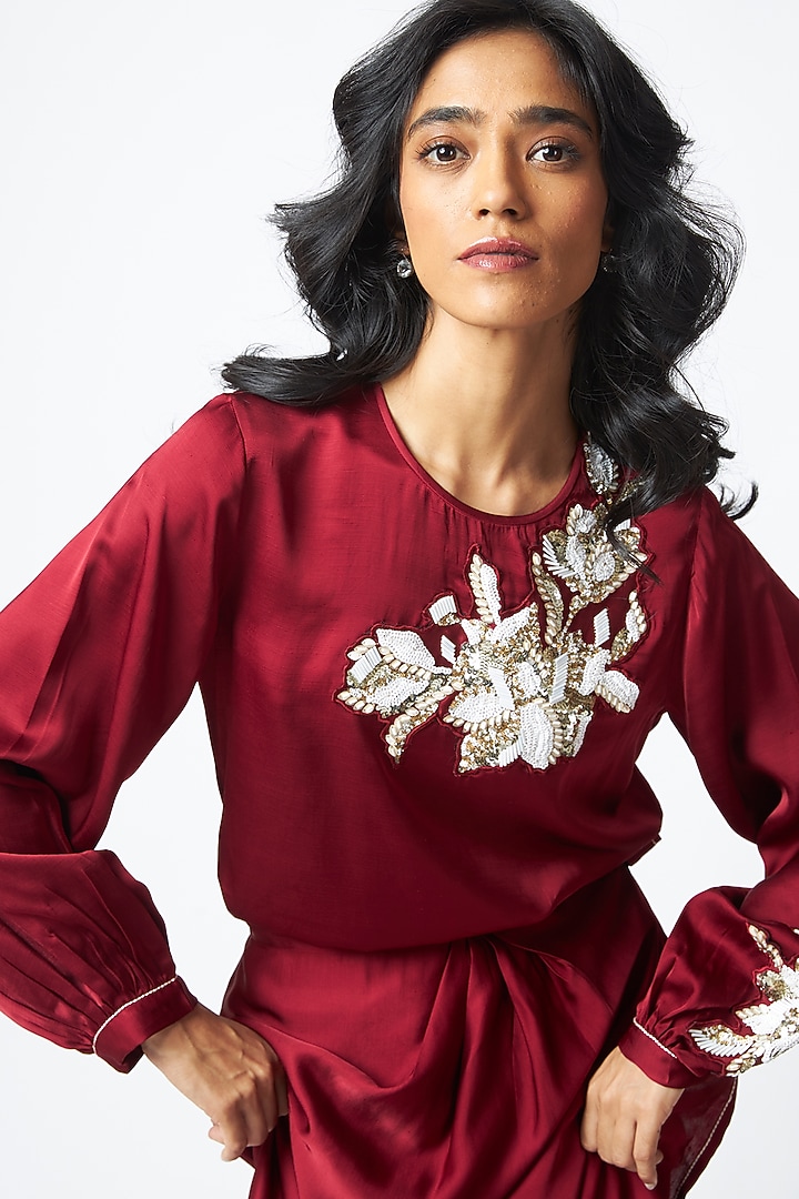 Burgundy Linen Satin Draped Skirt Set by MADDER MUCH at Pernia's Pop Up Shop