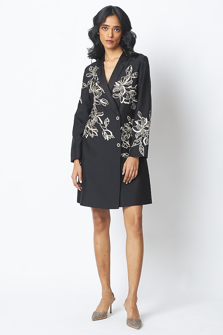 Black Handloom Chanderi Silk Embroidered Blazer Vacation Dress by MADDER MUCH at Pernia's Pop Up Shop