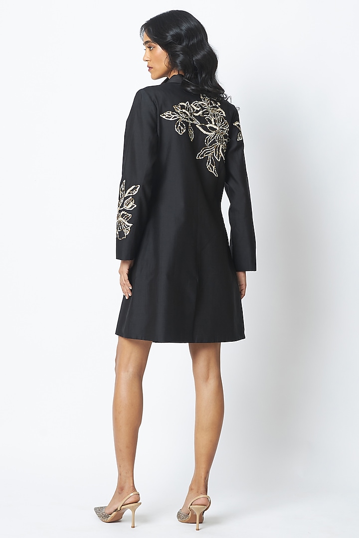 Black Handloom Chanderi Silk Embroidered Blazer Vacation Dress by MADDER MUCH at Pernia's Pop Up Shop
