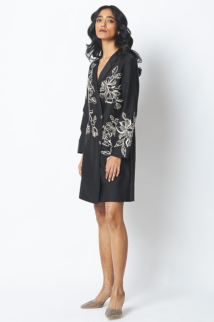 Black Handloom Chanderi Silk Embroidered Blazer Vacation Dress by MADDER MUCH at Pernia's Pop Up Shop