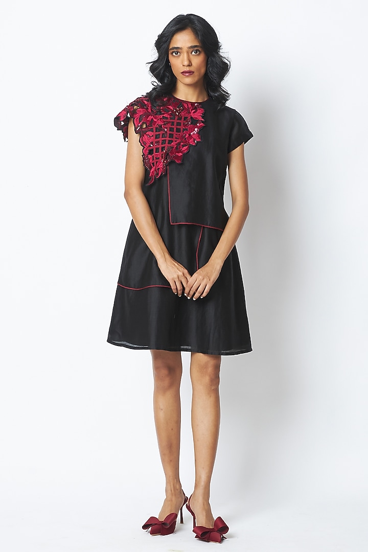 Black Handloom Chanderi Silk Embroidered Vacation Dress by MADDER MUCH at Pernia's Pop Up Shop