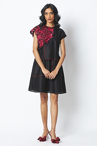 Black Handloom Chanderi Silk Embroidered Dress by MADDER MUCH