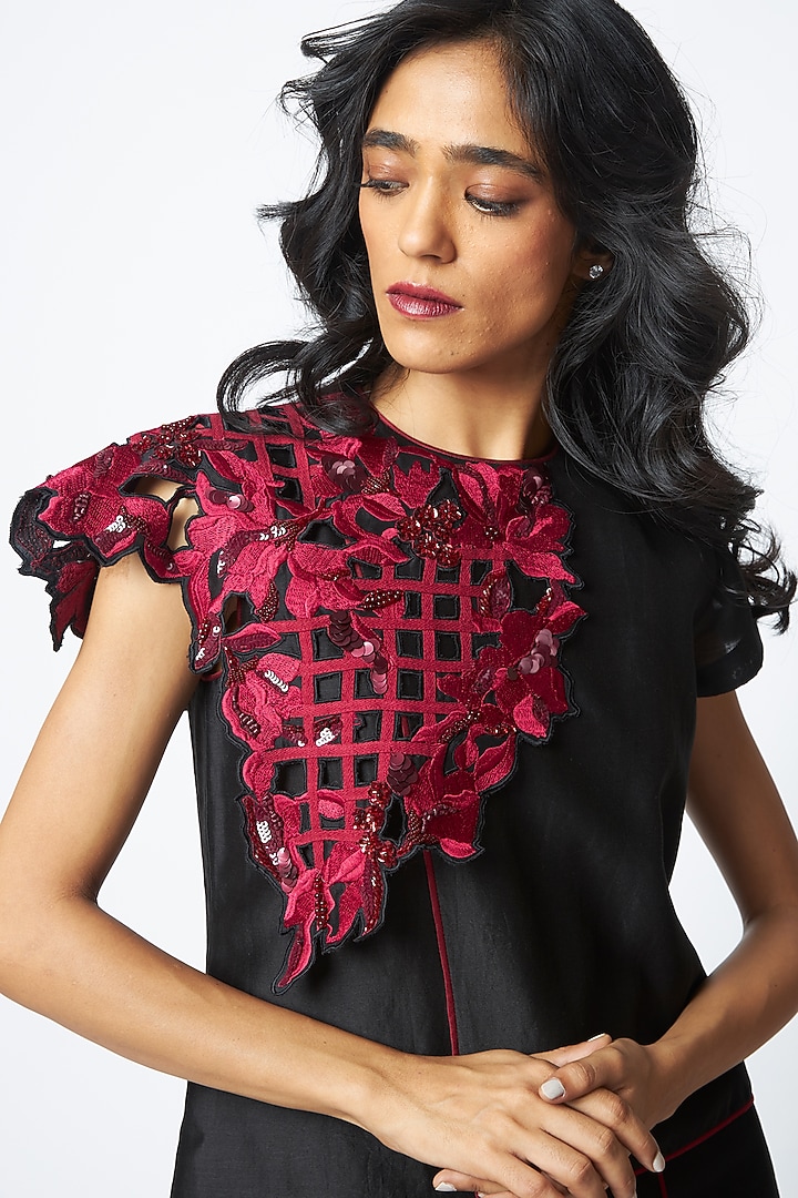 Black Handloom Chanderi Silk Embroidered Vacation Dress by MADDER MUCH at Pernia's Pop Up Shop